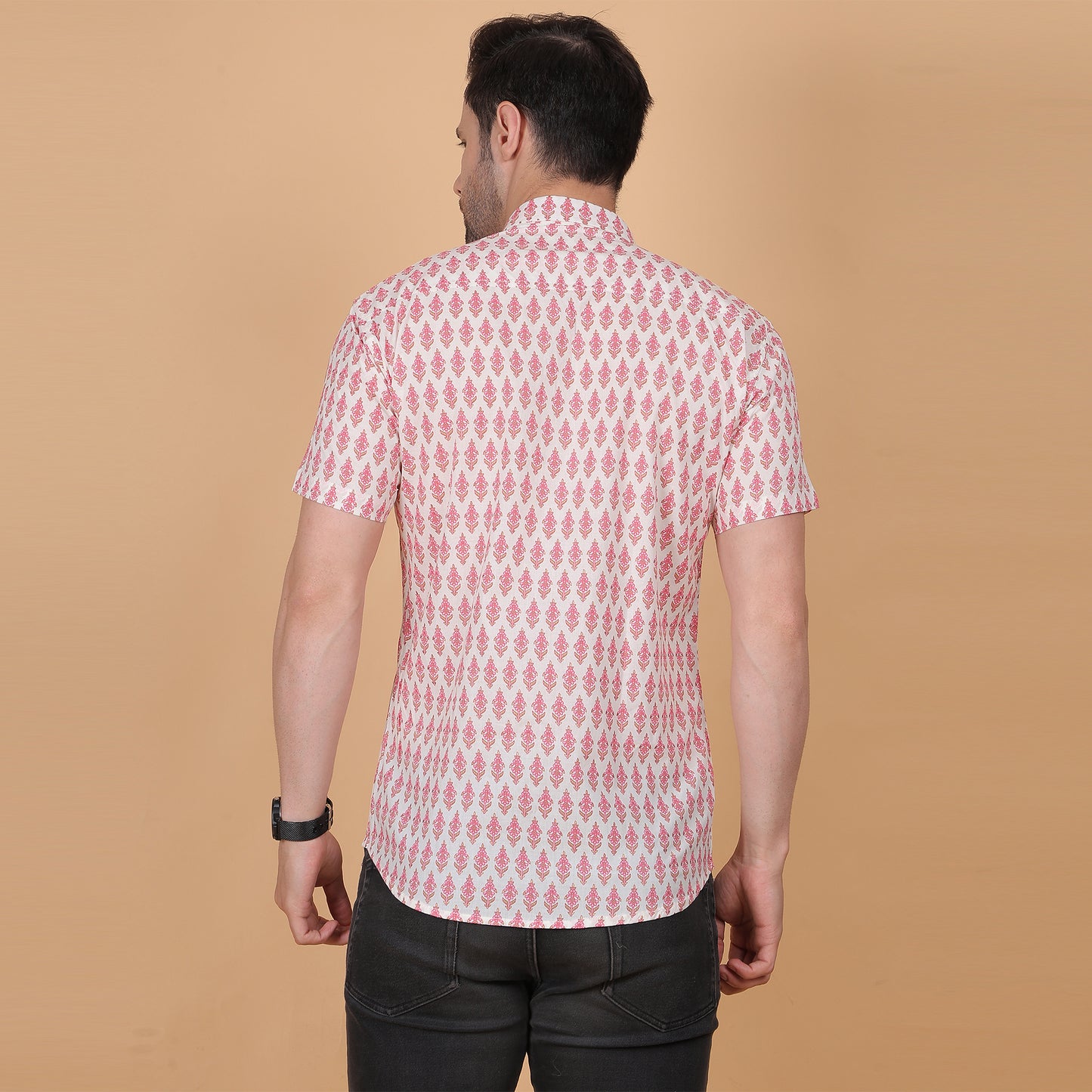 Men's White Cotton Half-Sleeve Shirt with Pink Floral Print