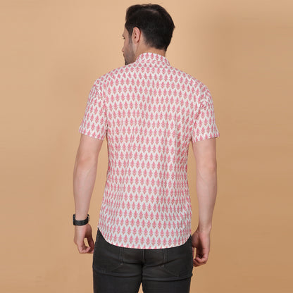 Men's White Cotton Half-Sleeve Shirt with Pink Floral Print