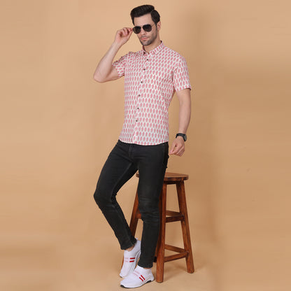 Men's White Cotton Half-Sleeve Shirt with Pink Floral Print