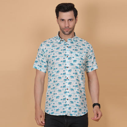 Men's White Cotton Half-Sleeve Shirt with Elephant Motif