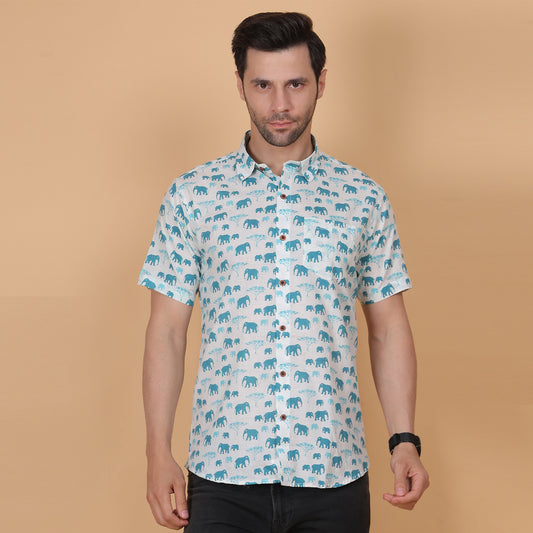 Men's White Cotton Half-Sleeve Shirt with Elephant Motif