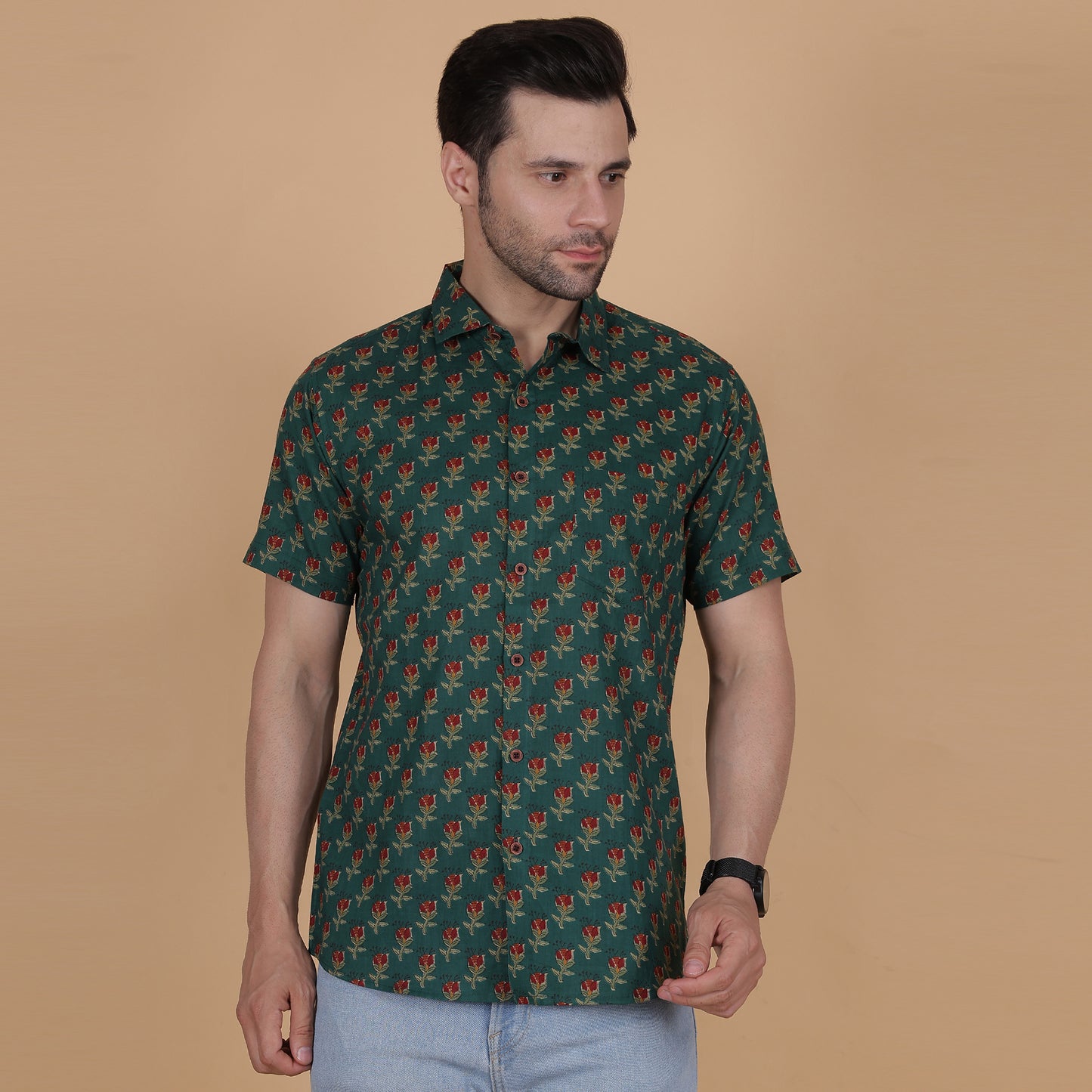 Men's Green Cotton Half-Sleeve Shirt with Red Rose Print