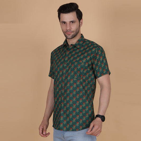 Men's Green Cotton Half-Sleeve Shirt with Red Rose Print