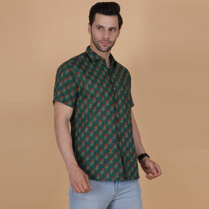 Men's Green Cotton Half-Sleeve Shirt with Red Rose Print