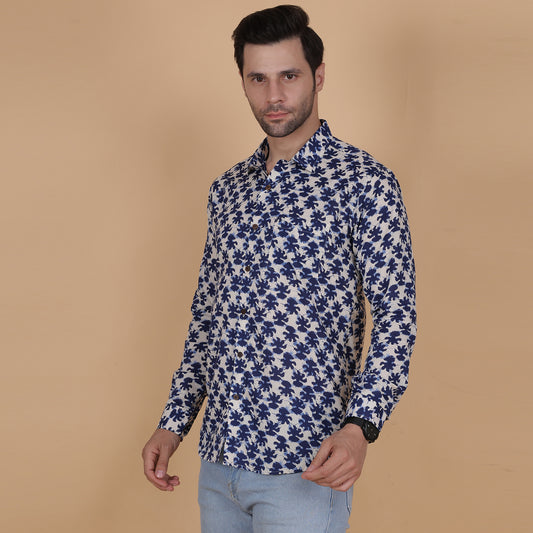 Men's Full-Sleeve Cotton Shirt with Indigo Leaf Screen Print