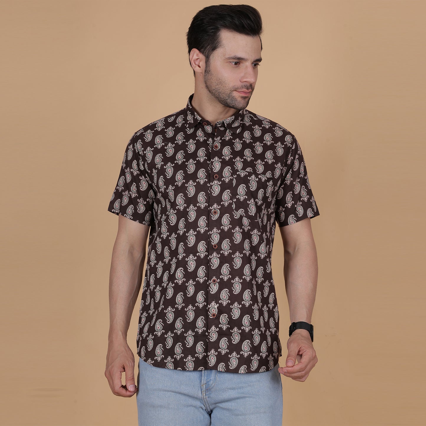 Men's Brown Cotton Half-Sleeve Shirt with Paisley Print