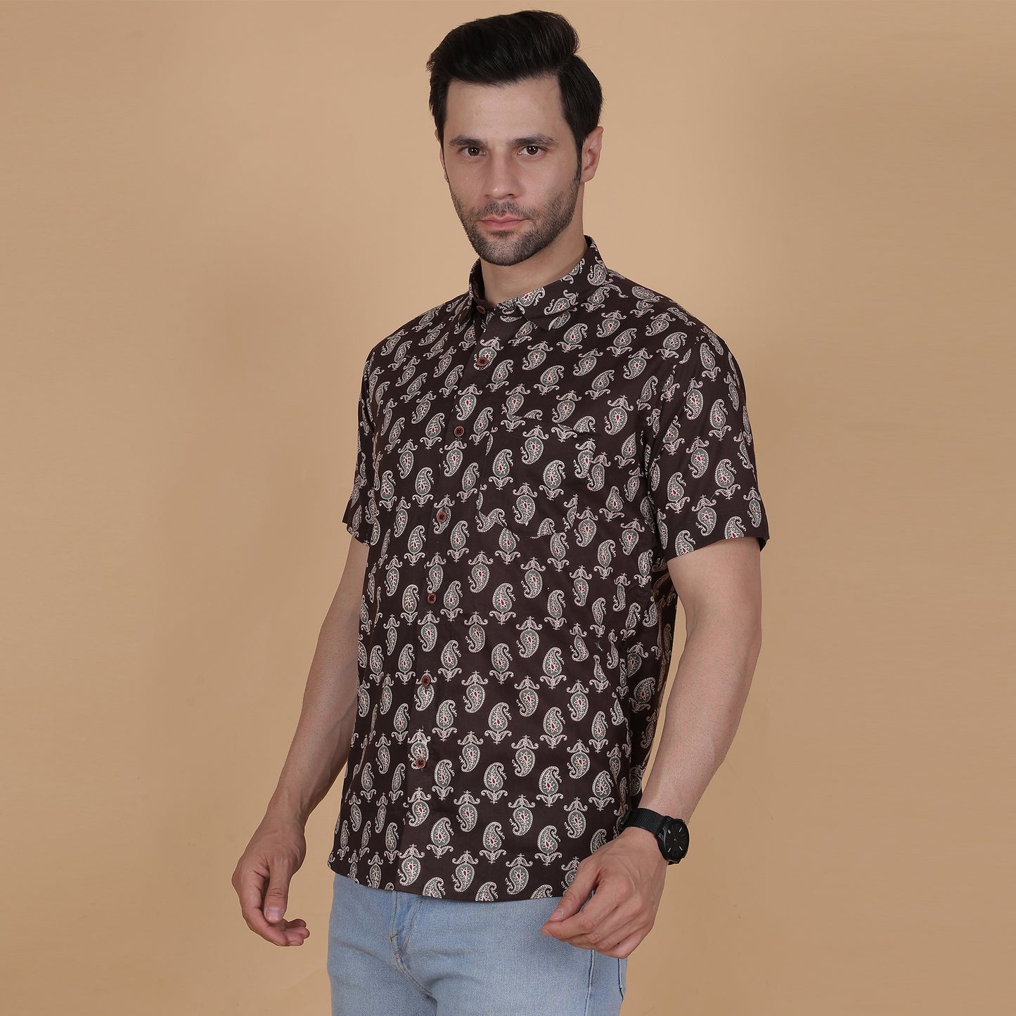 Men's Brown Cotton Half-Sleeve Shirt with Paisley Print