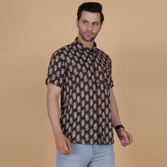 Men's Brown Cotton Half-Sleeve Shirt with Paisley Print