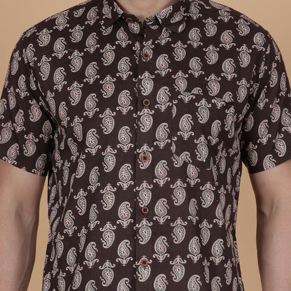 Men's Brown Cotton Half-Sleeve Shirt with Paisley Print