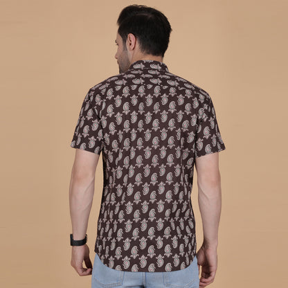 Men's Brown Cotton Half-Sleeve Shirt with Paisley Print