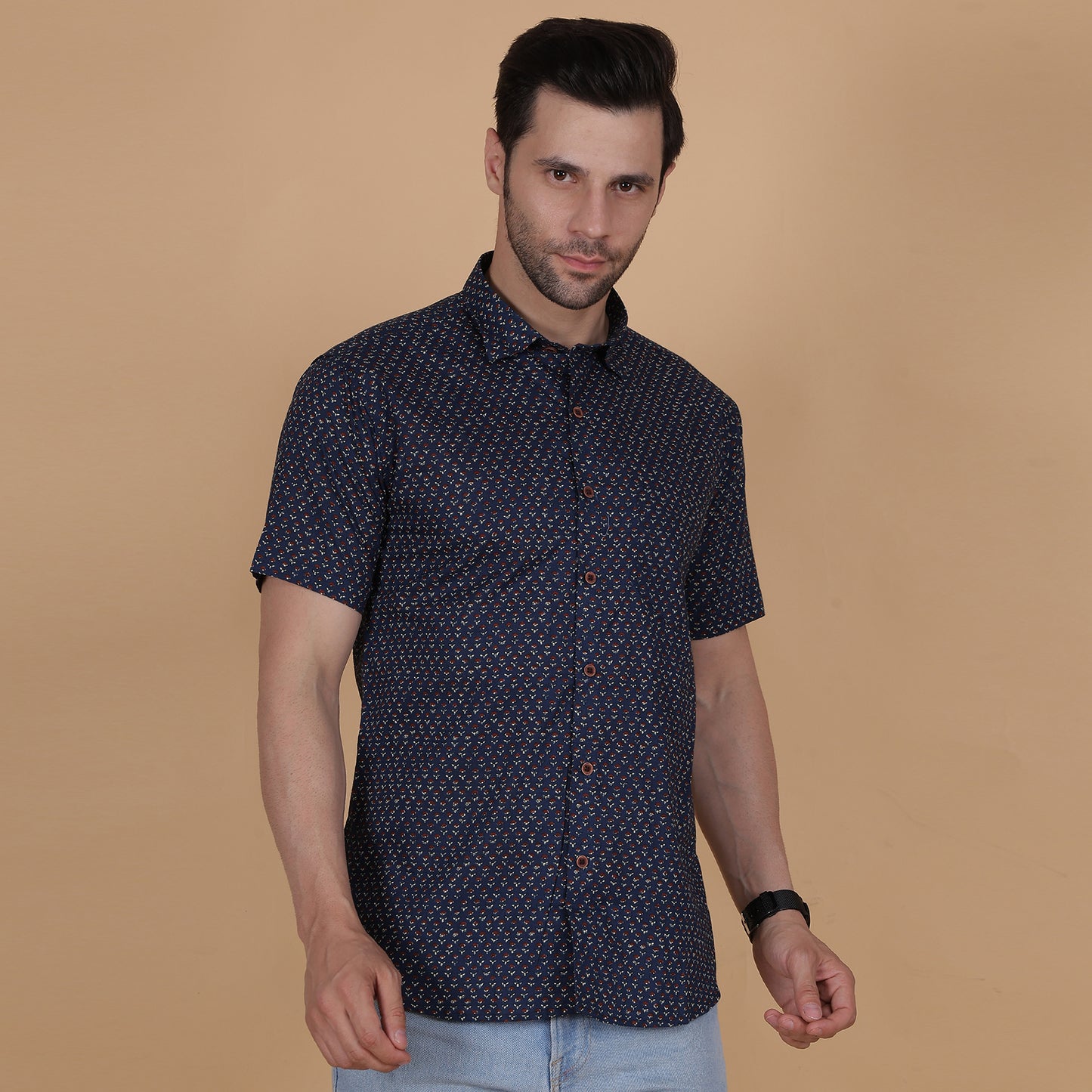 Men's Navy Cotton Half-Sleeve Shirt with Micro Floral Print