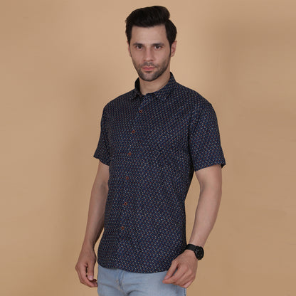 Men's Navy Cotton Half-Sleeve Shirt with Micro Floral Print