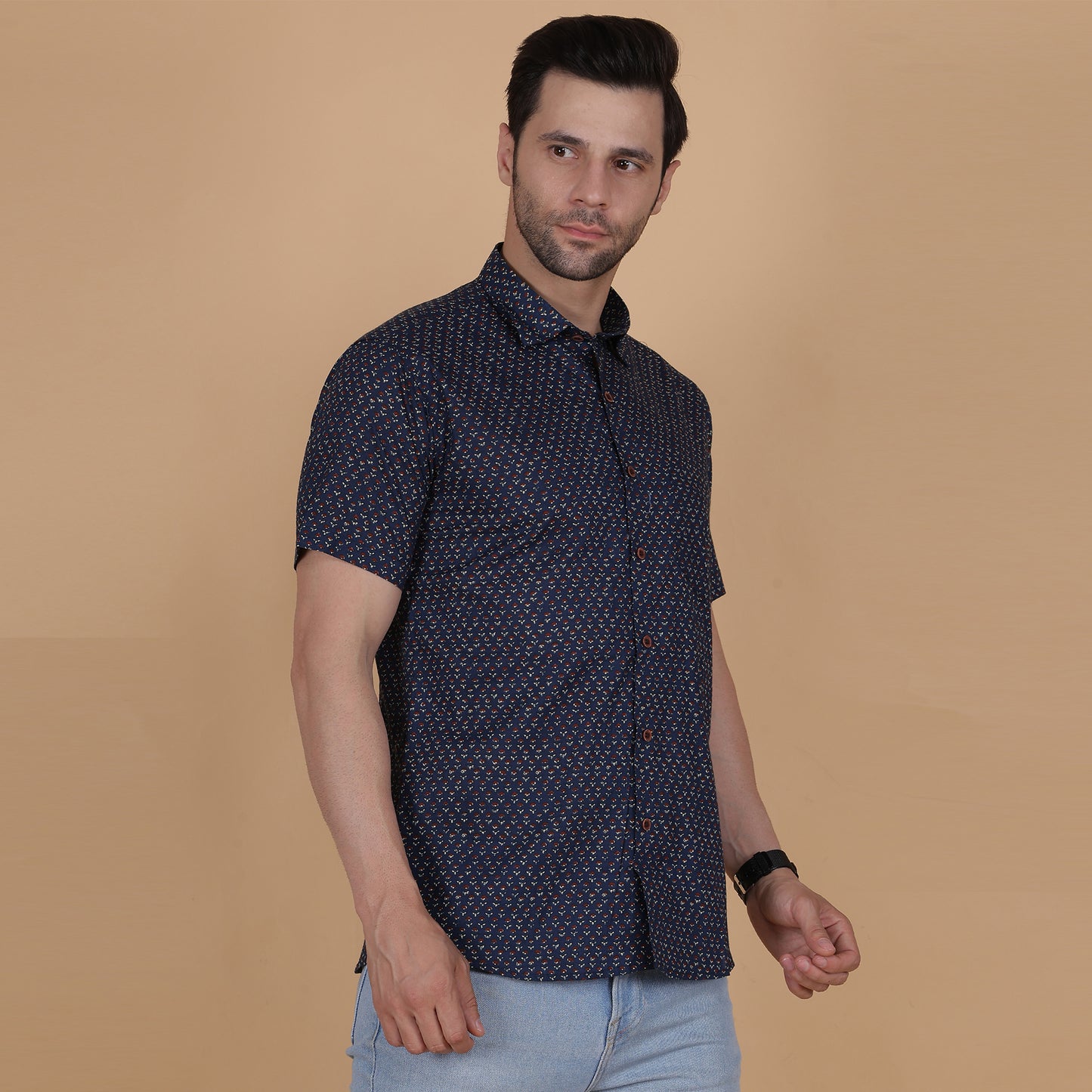 Men's Navy Cotton Half-Sleeve Shirt with Micro Floral Print