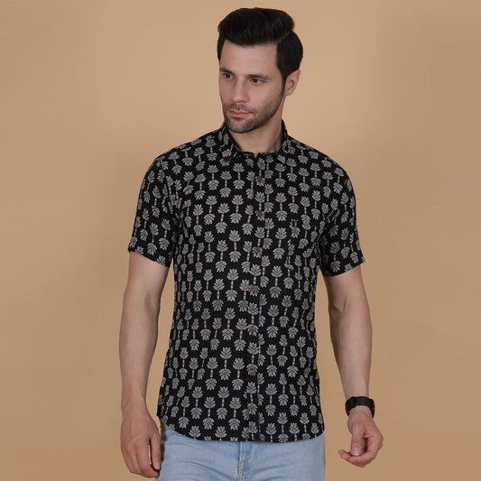 Men's Black Screen-Printed Cotton Half-Sleeve Shirt with Tree Motif