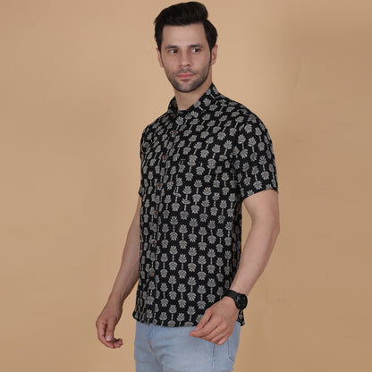 Men's Black Screen-Printed Cotton Half-Sleeve Shirt with Tree Motif