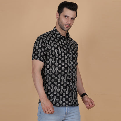 Men's Black Screen-Printed Cotton Half-Sleeve Shirt with Tree Motif