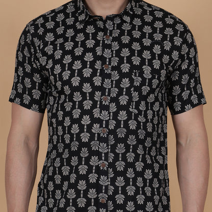 Men's Black Screen-Printed Cotton Half-Sleeve Shirt with Tree Motif