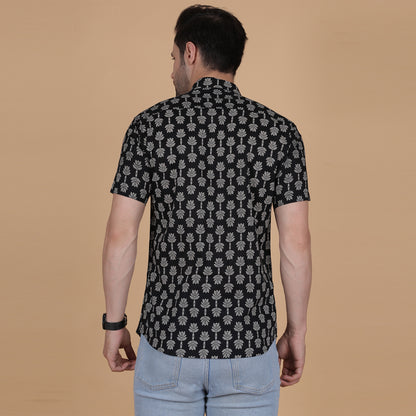 Men's Black Screen-Printed Cotton Half-Sleeve Shirt with Tree Motif