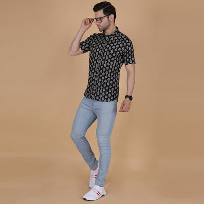 Men's Black Screen-Printed Cotton Half-Sleeve Shirt with Tree Motif