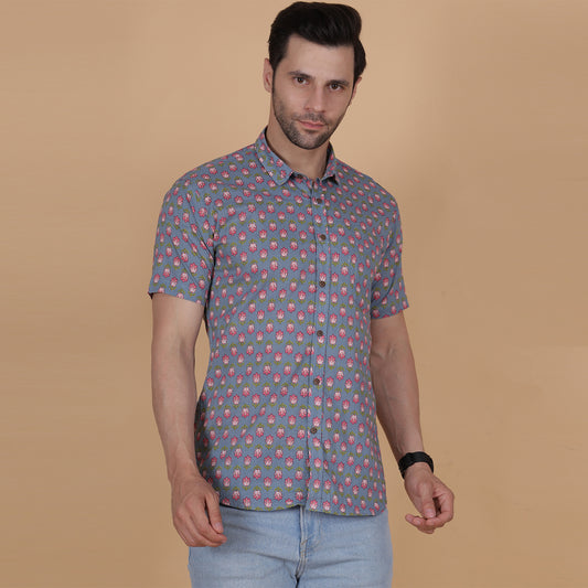 Men's Blue Cotton Half-Sleeve Shirt with Pink Floral Pattern