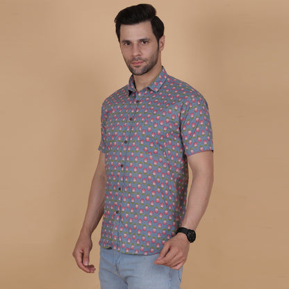 Men's Blue Cotton Half-Sleeve Shirt with Pink Floral Pattern