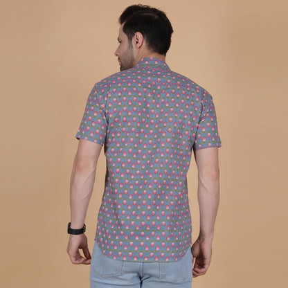 Men's Blue Cotton Half-Sleeve Shirt with Pink Floral Pattern