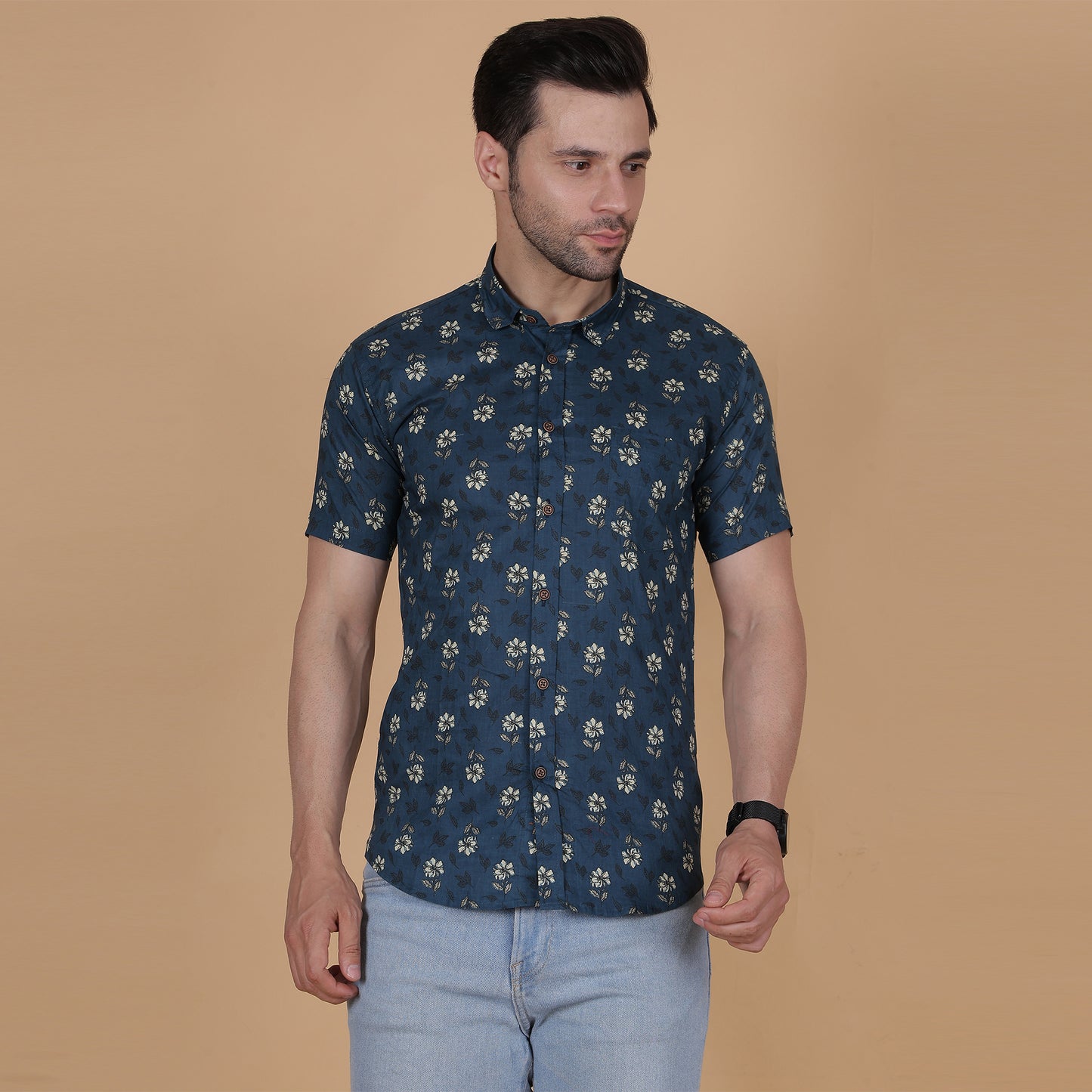 Men's Indigo Cotton Half-Sleeve Shirt with Crescent Pattern