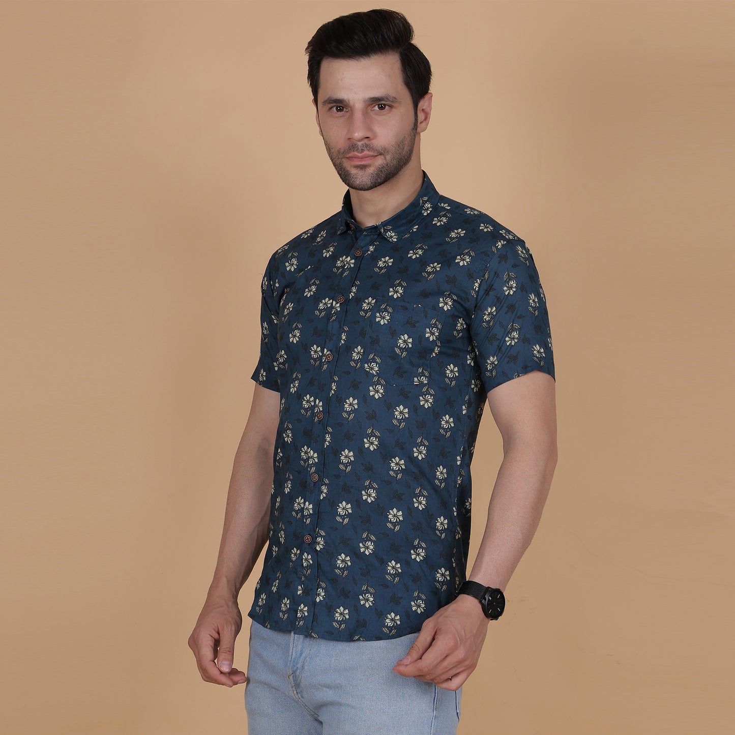 Men's Indigo Cotton Half-Sleeve Shirt with Crescent Pattern