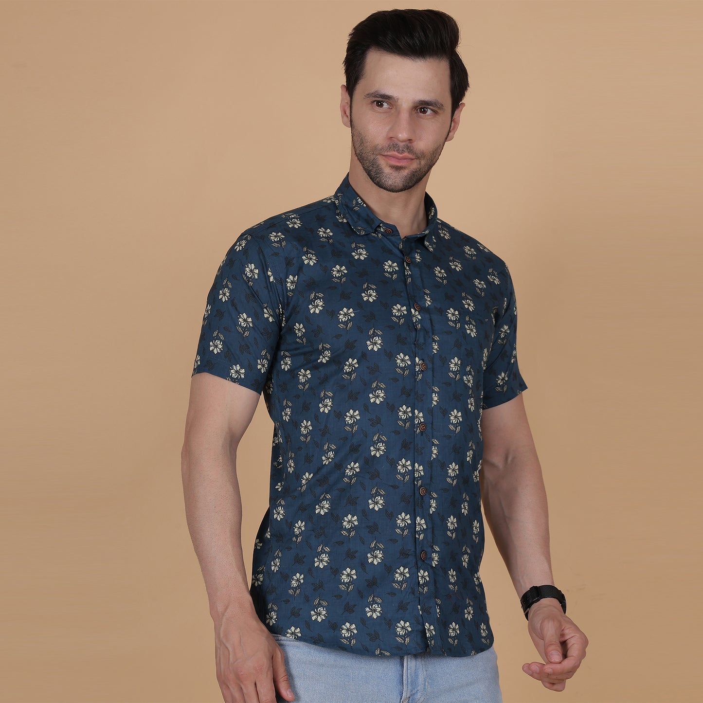 Men's Indigo Cotton Half-Sleeve Shirt with Crescent Pattern