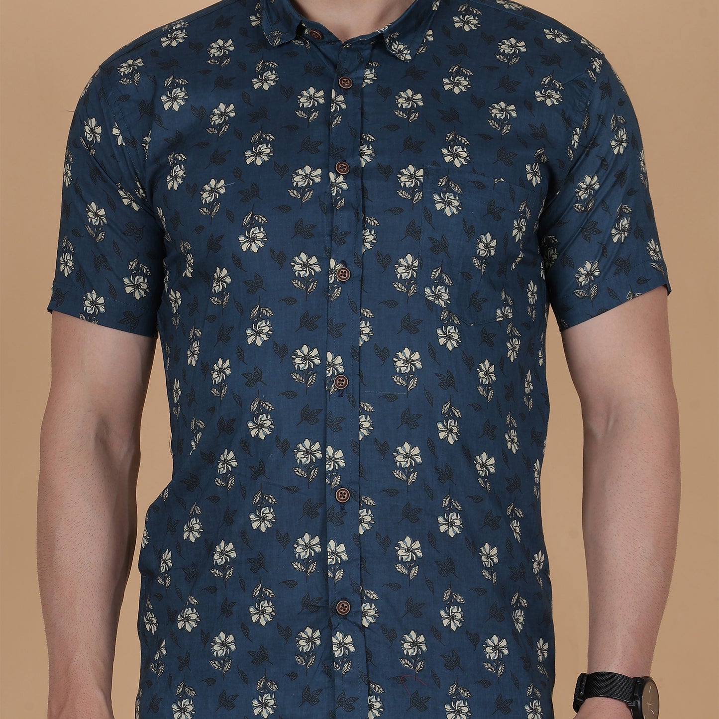 Men's Indigo Cotton Half-Sleeve Shirt with Crescent Pattern