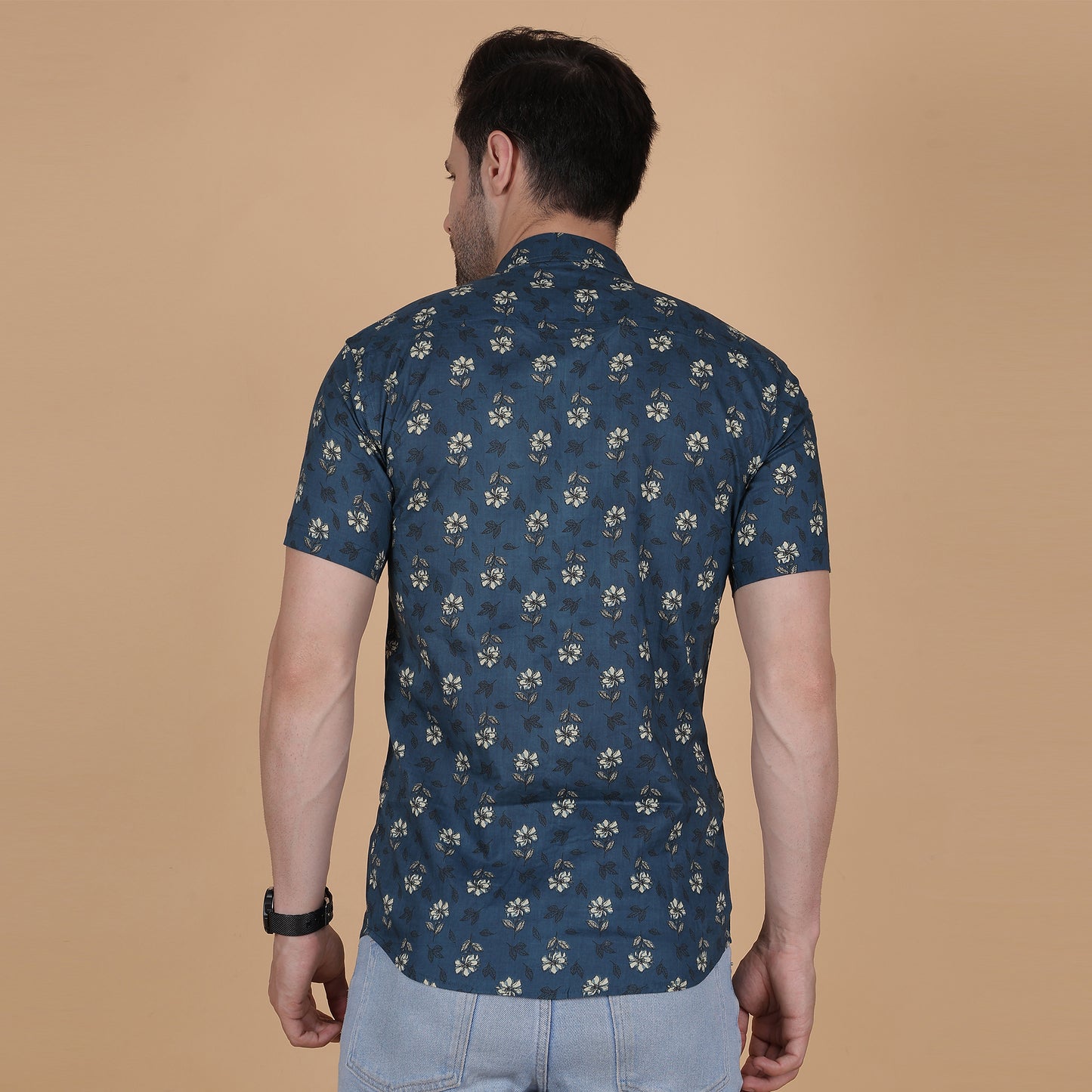 Men's Indigo Cotton Half-Sleeve Shirt with Crescent Pattern