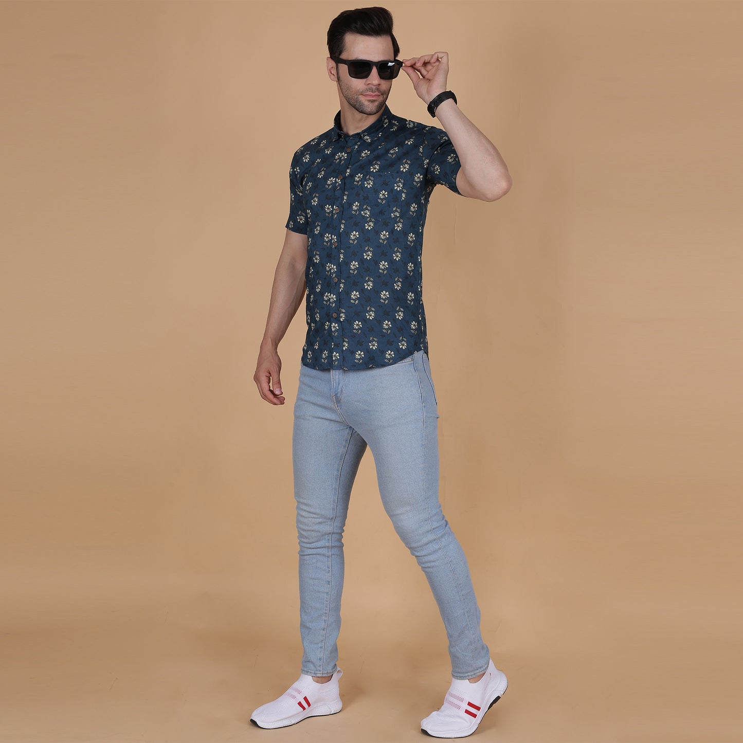 Men's Indigo Cotton Half-Sleeve Shirt with White Floral Print