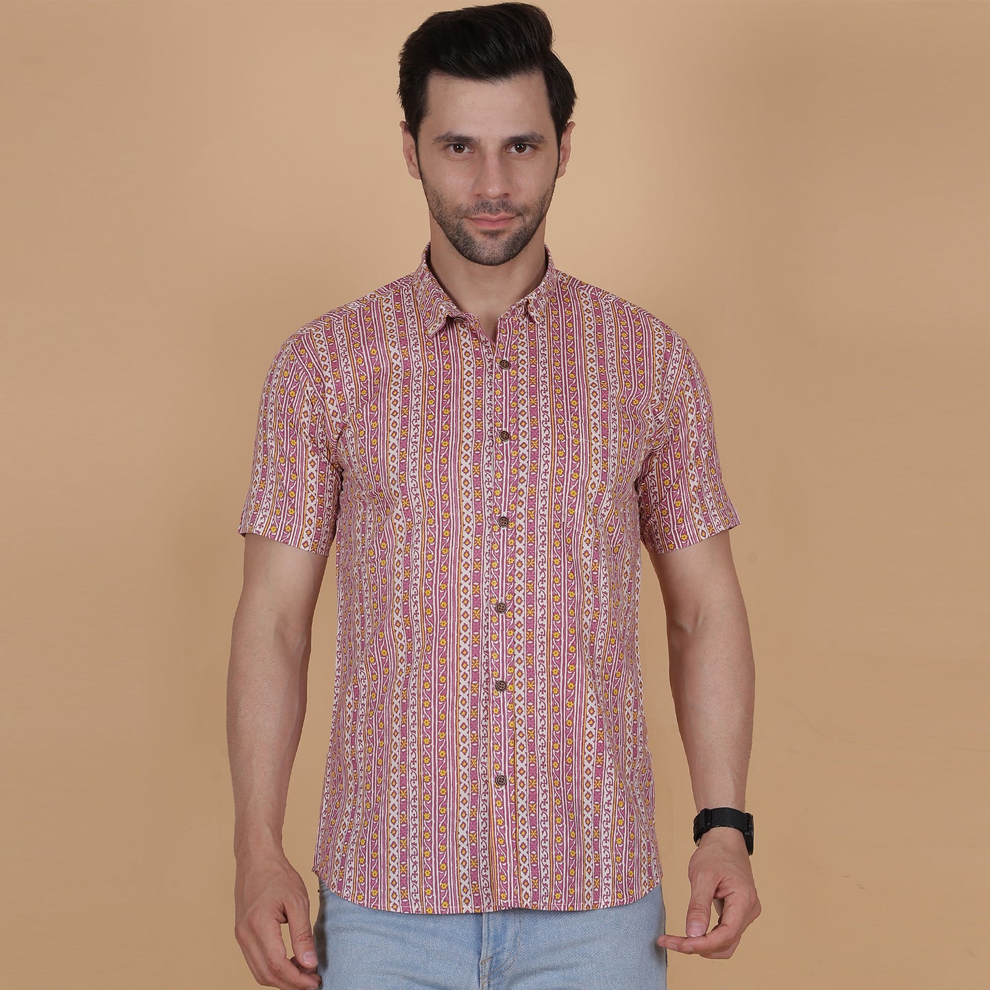 Men's Pink Cotton Half-Sleeve Shirt with Heritage-Inspired Stripes