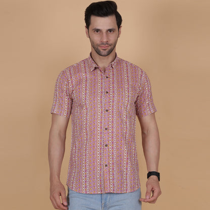 Men's Pink Cotton Half-Sleeve Shirt with Heritage-Inspired Stripes