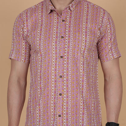 Men's Pink Cotton Half-Sleeve Shirt with Heritage-Inspired Stripes