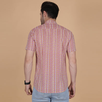 Men's Pink Cotton Half-Sleeve Shirt with Heritage-Inspired Stripes