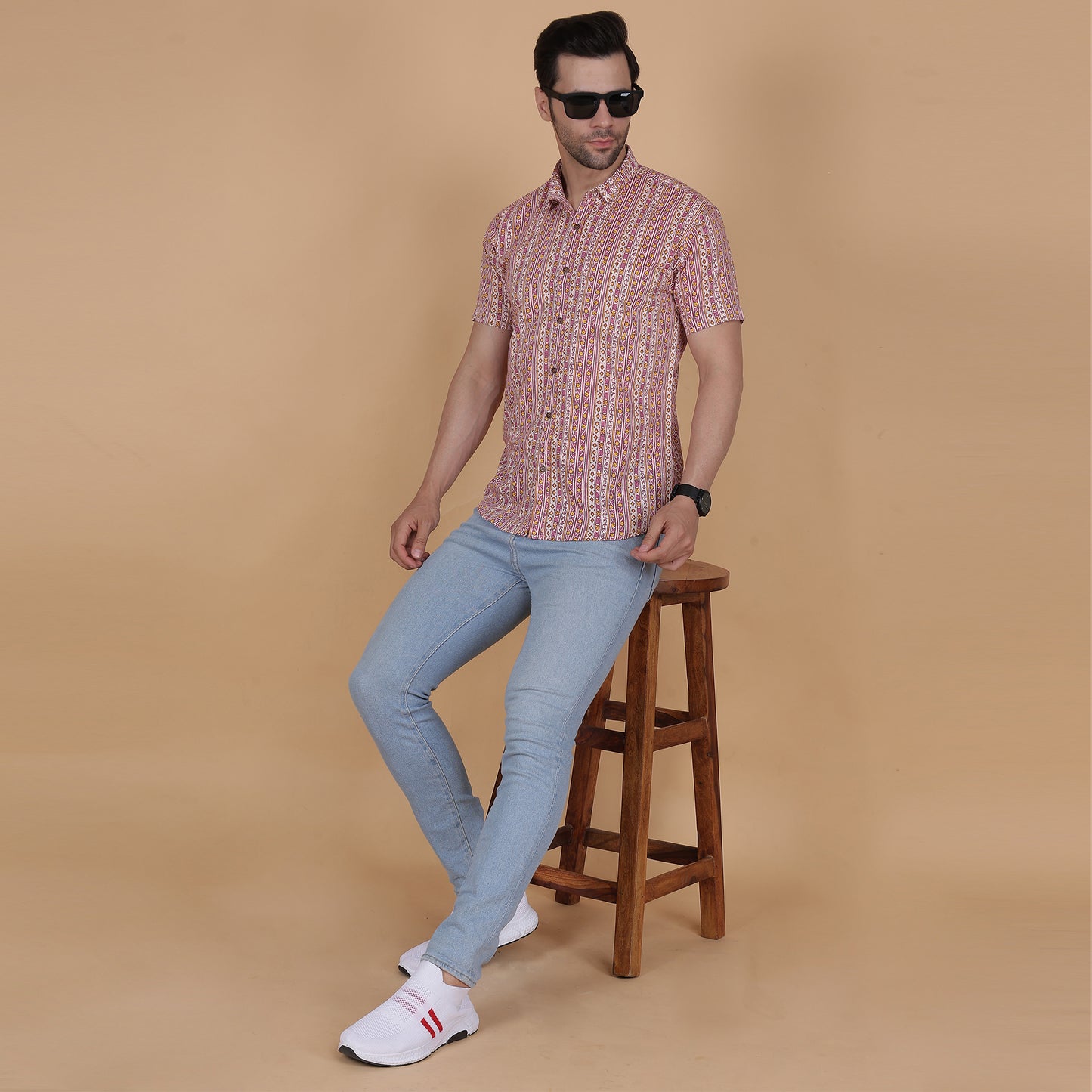 Men's Pink Cotton Half-Sleeve Shirt with Heritage-Inspired Stripes