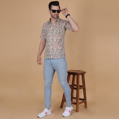 Men's Cotton Half-Sleeve Shirt with Pastel Handblock Floral Print