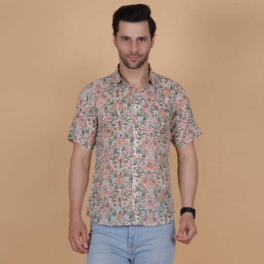 Men's Cotton Half-Sleeve Shirt with Pastel Handblock Floral Print