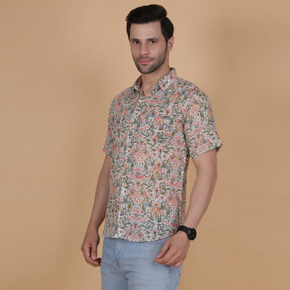 Men's Cotton Half-Sleeve Shirt with Pastel Handblock Floral Print