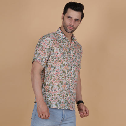 Men's Cotton Half-Sleeve Shirt with Pastel Handblock Floral Print
