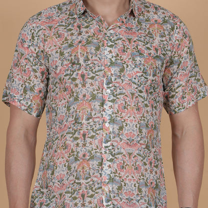 Men's Cotton Half-Sleeve Shirt with Pastel Handblock Floral Print