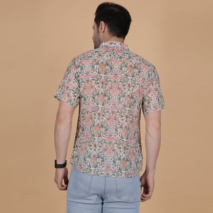 Men's Cotton Half-Sleeve Shirt with Pastel Handblock Floral Print