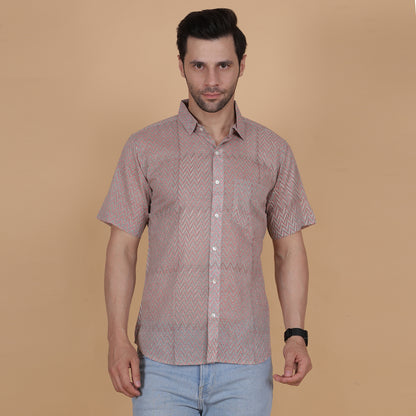 Men's Cotton Half-Sleeve Shirt with Zigzag Handblock Print