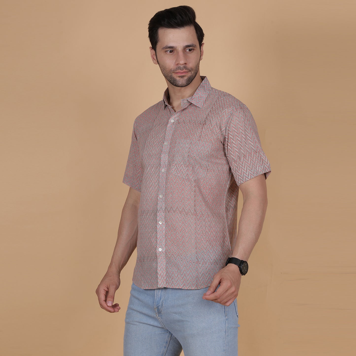 Men's Cotton Half-Sleeve Shirt with Zigzag Handblock Print