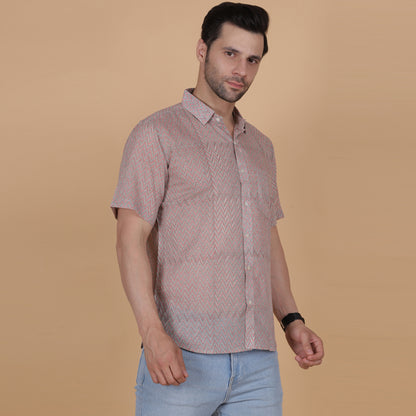 Men's Cotton Half-Sleeve Shirt with Zigzag Handblock Print