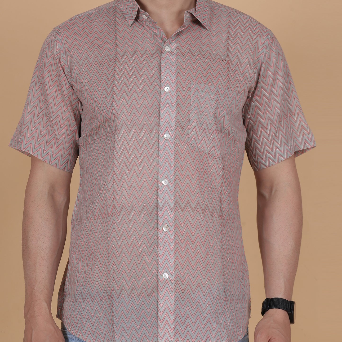 Men's Cotton Half-Sleeve Shirt with Zigzag Handblock Print