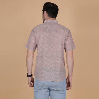 Men's Cotton Half-Sleeve Shirt with Zigzag Handblock Print