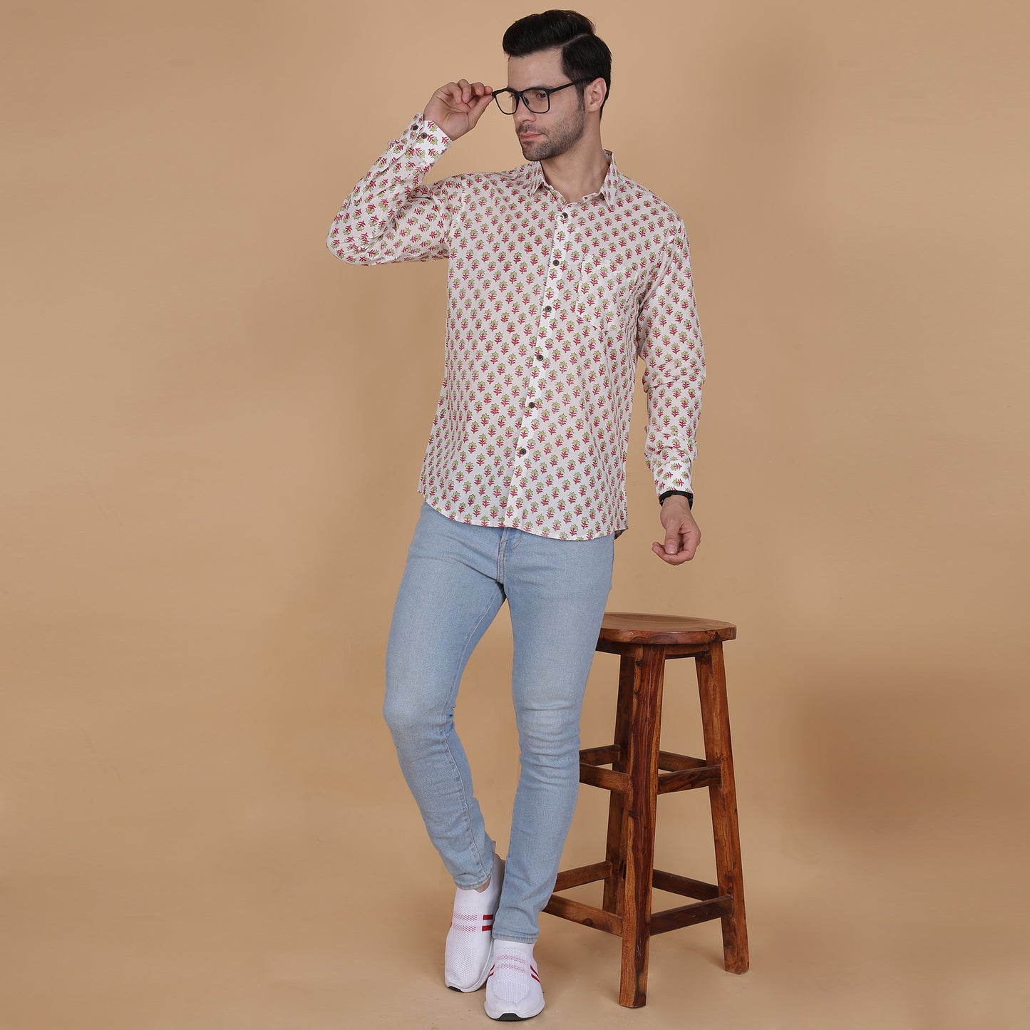 Men's Full-Sleeve Cotton Shirt with Vibrant Floral Screen Print