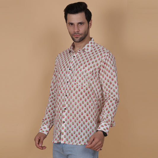 Men's Full-Sleeve Cotton Shirt with Vibrant Floral Screen Print